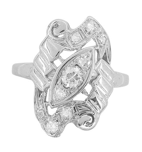 1940's Mid Century Modern Shield Vintage Diamond Dinner Ring in 14K White Gold - Item: R794 - Image: 2