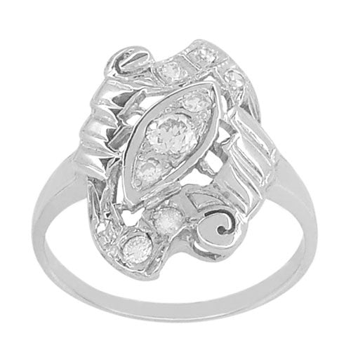 1940's Mid Century Modern Shield Vintage Diamond Dinner Ring in 14K White Gold