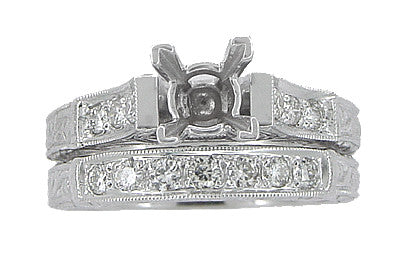 Art Deco Scrolls 3/4 Carat Princess Cut Diamond Engagement Ring Setting and Wedding Ring in 14 or 18 Karat White Gold - Item: R797W14-LC - Image: 4