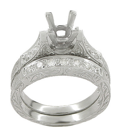 Art Deco Scrolls 3/4 Carat Princess Cut Diamond Engagement Ring Setting and Wedding Ring in 14 or 18 Karat White Gold - Item: R797W14-LC - Image: 2
