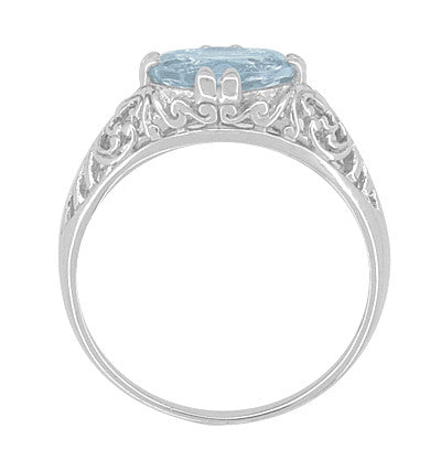 Edwardian Horizontal Oval Aquamarine Filigree Engagement Ring in White Gold | Fleur de Lys - Item: R799A - Image: 3