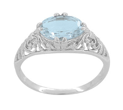Edwardian Horizontal Oval Aquamarine Filigree Engagement Ring in White Gold | Fleur de Lys - Item: R799A - Image: 4