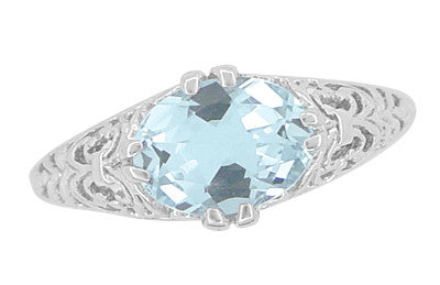 Edwardian Horizontal Oval Aquamarine Filigree Engagement Ring in White Gold | Fleur de Lys - Item: R799A - Image: 5