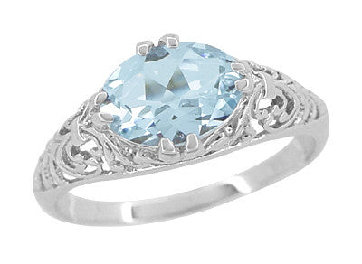 Edwardian Horizontal Oval Aquamarine Filigree Engagement Ring in White Gold | Fleur de Lys - Item: R799A - Image: 2
