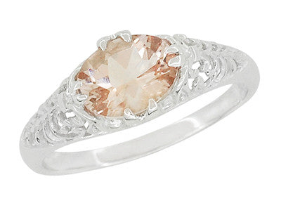 Morganite Oval East West Filigree Edwardian Engagement Ring in White Gold - 14K or 18K