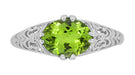 East to West Oval Peridot Filigree Edwardian Engagement Ring in White Gold