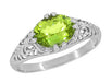 East to West Oval Peridot Filigree Edwardian Engagement Ring in White Gold