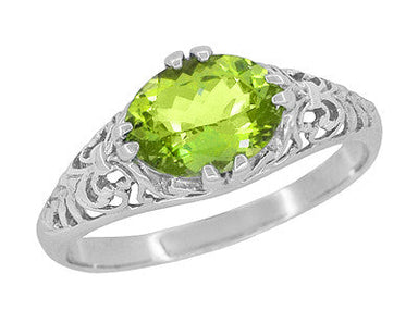 East to West Oval Peridot Filigree Edwardian Engagement Ring in White Gold
