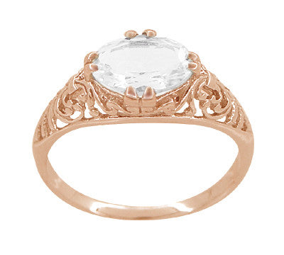 Edwardian Oval White Sapphire Filigree Engagement Ring in 14 Karat Rose Gold ( Pink Gold ) - Item: R799RWS - Image: 3