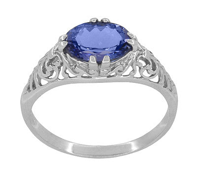 East - West Edwardian 1.20 Carat Oval Tanzanite Filigree Ring in White Gold - Item: R799TA - Image: 3