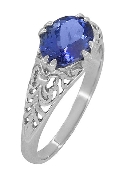 Side Fleur De Lys Filigree on Edwardian Vintage Oval Tanzanite Ring in White Gold -  R799TA