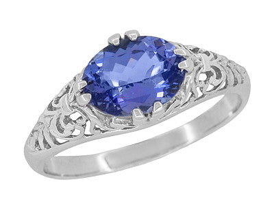 East to West Oval Vintage Edwardian 1.20 Carat Tanzanite Filigree Ring in White Gold - R799TA