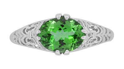 Oval Tsavorite Garnet Edwardian Filigree Engagement Ring in White Gold - Item: R799TS - Image: 5