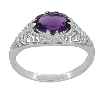 Edwardian Oval Amethyst Filigree Ring in White Gold - East to West Horizontal Design - Item: R799WAM - Image: 3