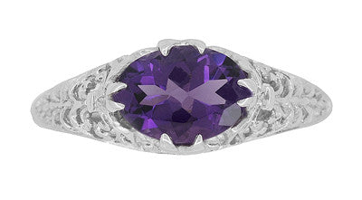 Edwardian Oval Amethyst Filigree Ring in White Gold - East to West Horizontal Design - Item: R799WAM - Image: 4