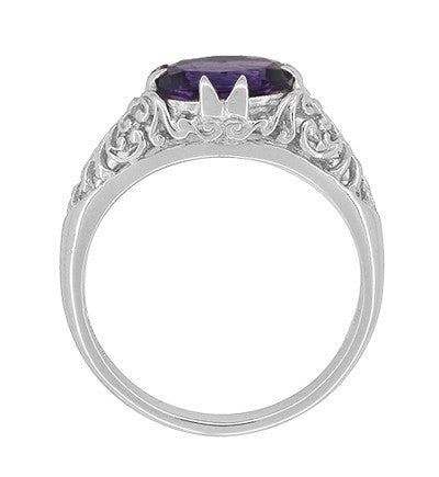 Edwardian Oval Amethyst Filigree Ring in White Gold - East to West Horizontal Design - Item: R799WAM - Image: 5
