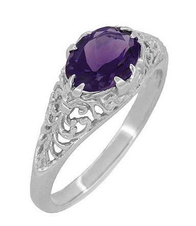 Edwardian Oval Amethyst Filigree Ring in White Gold - East to West Horizontal Design - alternate view