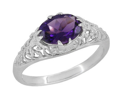 Edwardian Oval Amethyst Filigree Ring in White Gold - East to West Horizontal Design