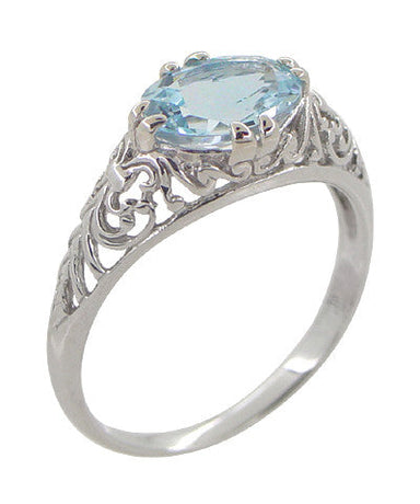 Edwardian Oval Sky Blue Topaz Filigree Engagement Ring in White Gold - alternate view