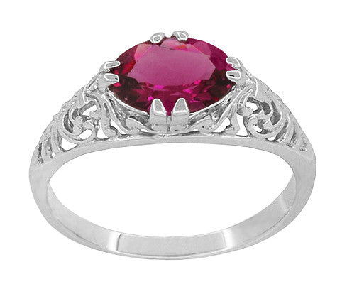 Edwardian Oval Rubellite Tourmaline Filigree East West Ring in White Gold - Item: R799WPT - Image: 3