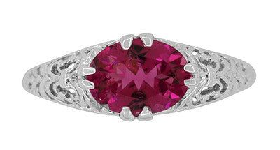 Edwardian Oval Rubellite Tourmaline Filigree East West Ring in White Gold - Item: R799WPT - Image: 4