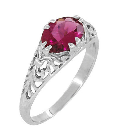 Edwardian Oval Rubellite Tourmaline Filigree East West Ring in White Gold - alternate view