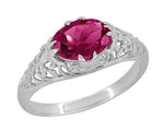 Edwardian Oval Rubellite Tourmaline Filigree East West Ring in White Gold