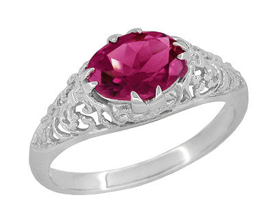 Edwardian Oval Rubellite Tourmaline Filigree East West Ring in White Gold
