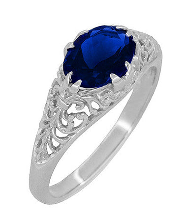 Filigree Edwardian Oval Blue Sapphire Engagement Ring in White Gold - alternate view