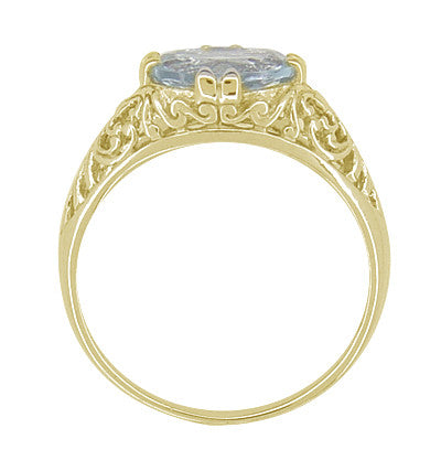 Edwardian Oval Aquamarine Filigree Ring in Yellow Gold - Horizontal East to West Setting - Item: R799YA - Image: 3