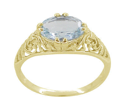 Edwardian Oval Aquamarine Filigree Ring in Yellow Gold - Horizontal East to West Setting - Item: R799YA - Image: 4