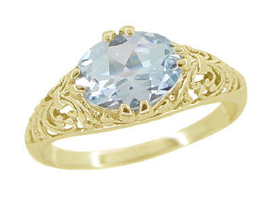Edwardian Oval Aquamarine Filigree Ring in Yellow Gold - Horizontal East to West Setting - alternate view
