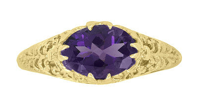Edwardian Antique Style East to West Oval Amethyst Filigree Ring in 14K or 18K Yellow Gold - Item: R799YAM - Image: 4