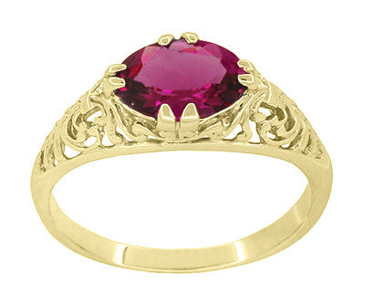 Yellow Gold Edwardian Oval Rubellite Tourmaline Filigree Engagement Ring - October Birthstone - Item: R799YPT - Image: 3