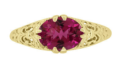 Yellow Gold Edwardian Oval Rubellite Tourmaline Filigree Engagement Ring - October Birthstone - Item: R799YPT - Image: 4