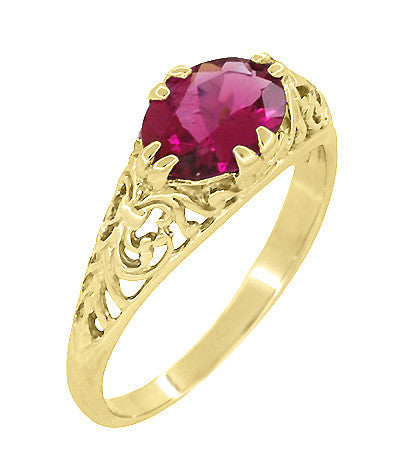 Yellow Gold Edwardian Oval Rubellite Tourmaline Filigree Engagement Ring - October Birthstone - Item: R799YPT - Image: 2