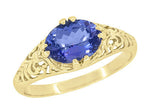 Yellow Gold Edwardian Fleur-De-Lys Filigree East to West Oval Tanzanite Ring