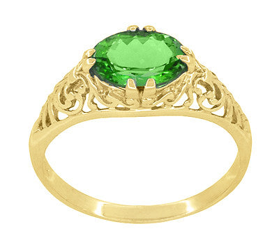 Edwardian Oval Tsavorite Garnet Filigree Engagement Ring in Yellow Gold - Item: R799YTS - Image: 3