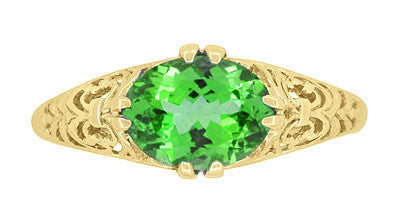 Edwardian Oval Tsavorite Garnet Filigree Engagement Ring in Yellow Gold - Item: R799YTS - Image: 5