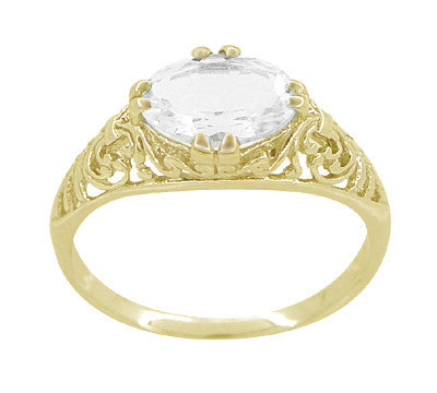 Oval White Sapphire Edwardian Filigree Engagement Ring in Yellow Gold - Item: R799YWS - Image: 3
