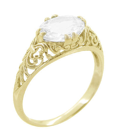 Oval White Sapphire Edwardian Filigree Engagement Ring in Yellow Gold - alternate view