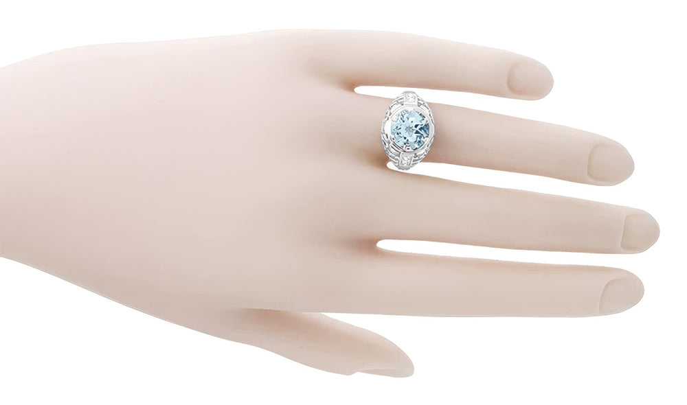 Art Deco Filigree Aquamarine and Diamonds Dome Statement Ring in 14 Karat White Gold - Item: R800WA - Image: 6