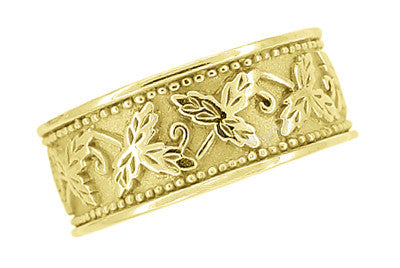 Grapes and Grape Leaves 8mm Wide Heavy Wedding Band in 14 Karat Yellow Gold - Item: R806Y - Image: 3