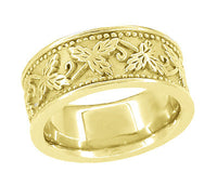 Grapes and Grape Leaves 8mm Wide Heavy Wedding Band in 14 Karat Yellow Gold