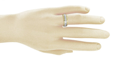 Mixed Metals Carved 1950's Design Geometric Comfortable Fit Wedding Band in Two-Tone 14 Karat White and Yellow Gold - 7mm Wide - alternate view