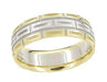 Mixed Metals Carved 1950's Design Geometric Comfortable Fit Wedding Band in Two-Tone 14 Karat White and Yellow Gold - 7mm Wide