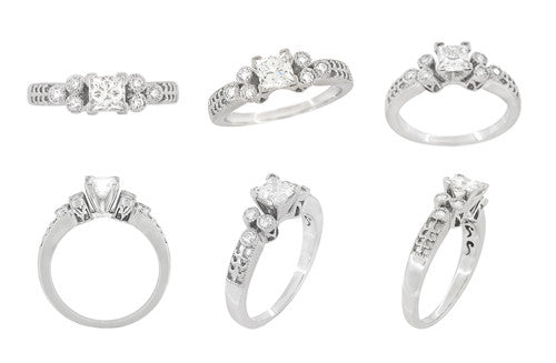 Fleur De Lis Eternal Stars Art Deco 2 Carat Princess Cut Diamond Engagement Ring Setting in White Gold - Item: R841 - Image: 8