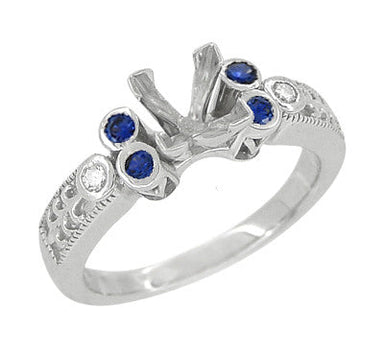 Vintage Fleur De Lis Carved Engagement Ring Mounting with Side Sapphires and Diamonds for a 1 Carat Square Diamond in White Gold - alternate view