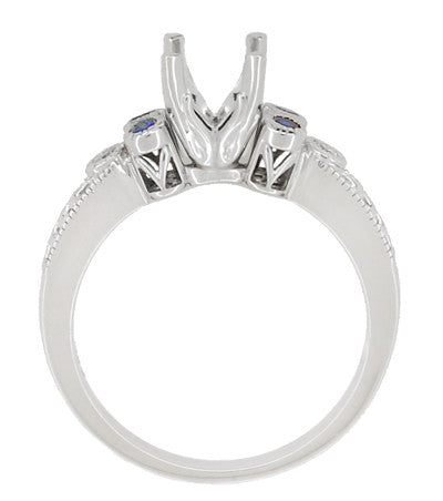 Antique Style 2 Carat Diamond and Side Sapphire Heirloom Engraved Fleur De Lis Engagement Ring Mounting in 14 Karat White Gold - Item: R841RS - Image: 5