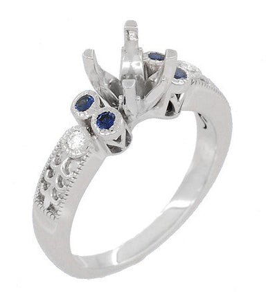 Antique Style 2 Carat Diamond and Side Sapphire Heirloom Engraved Fleur De Lis Engagement Ring Mounting in 14 Karat White Gold - alternate view